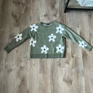 SHEIN Green and White Crew Neck Floral Sweater